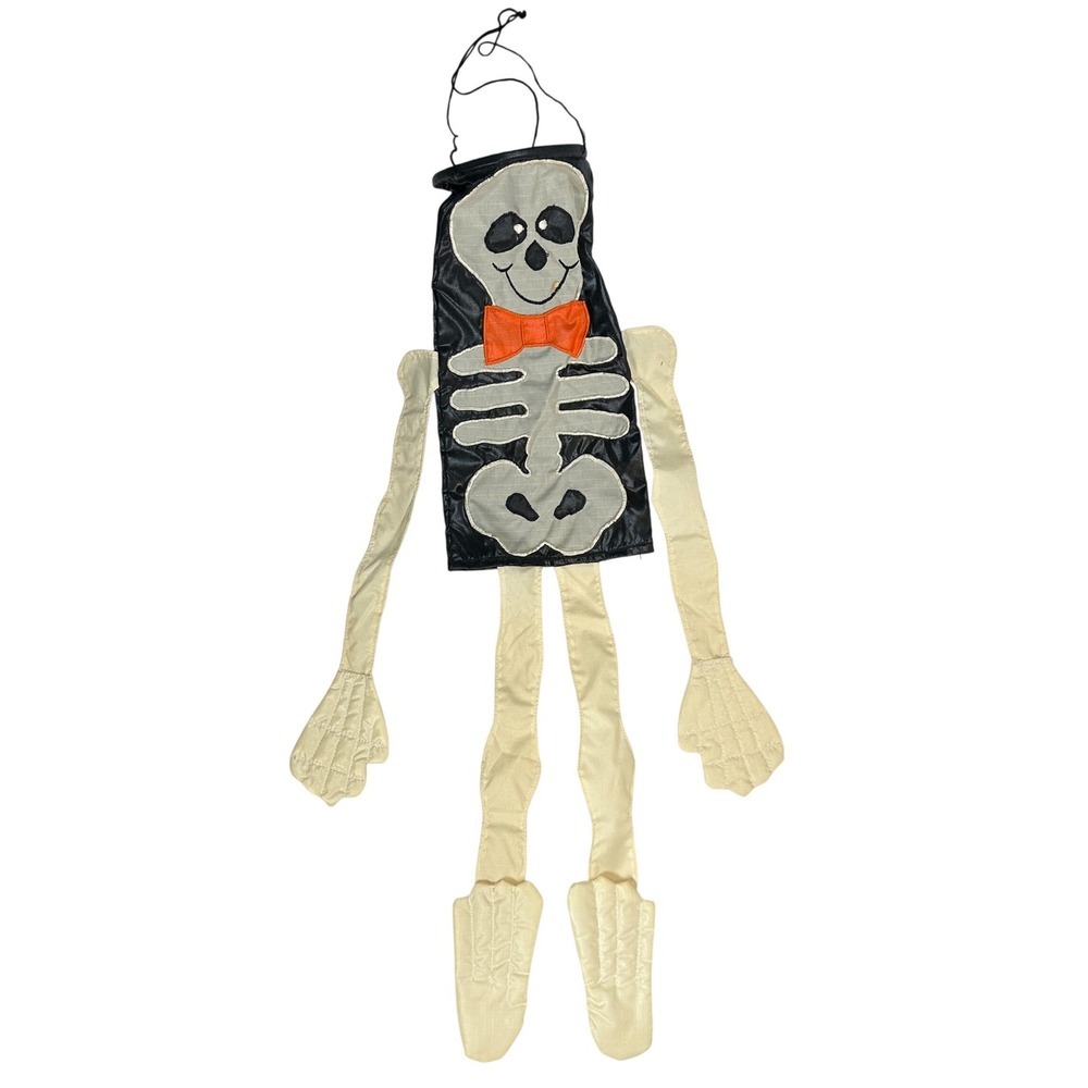 Vintage Skeleton Halloween Windsock Hanging Outdoor Decor Black White Orange